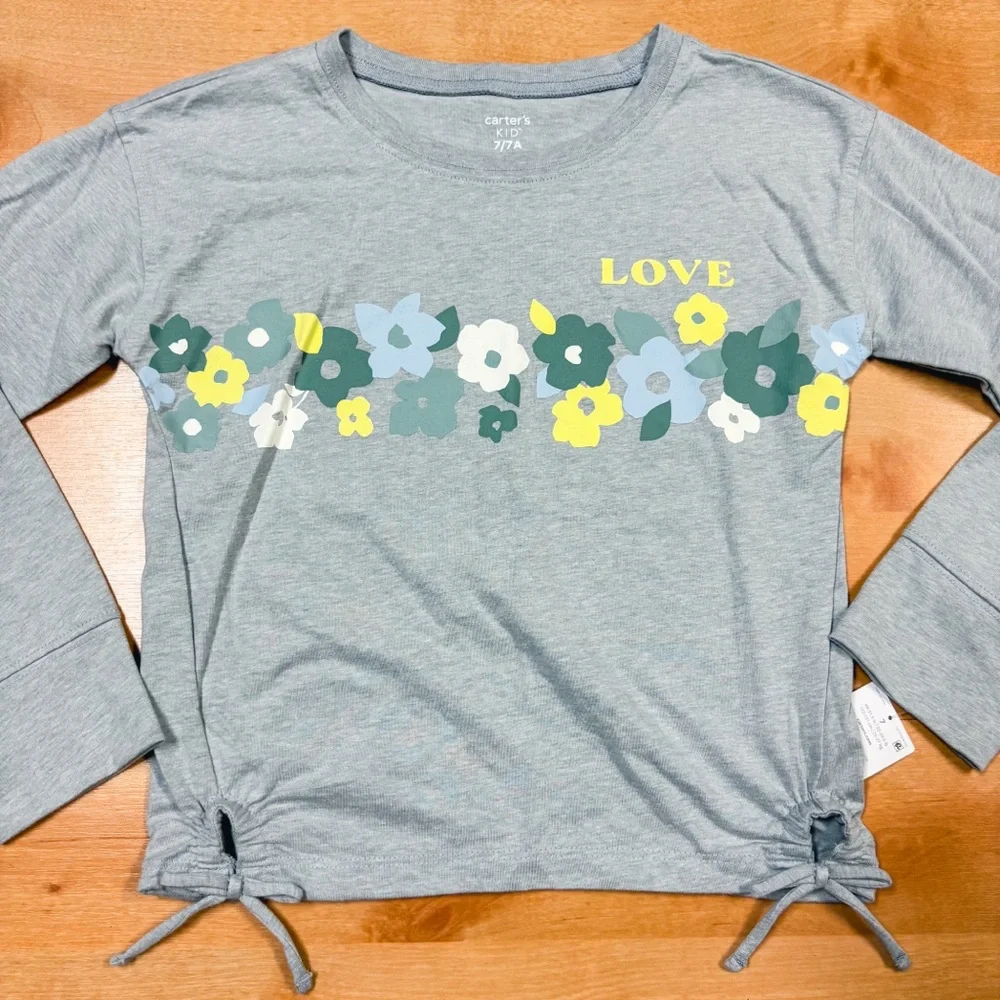 NWT Carters Gray Long Sleeve Floral “Love” Top Girls Size 7 NEW